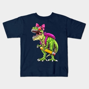 Funny Back To School T-Rex wearing a School Bag and Carrying pencil Kids T-Shirt